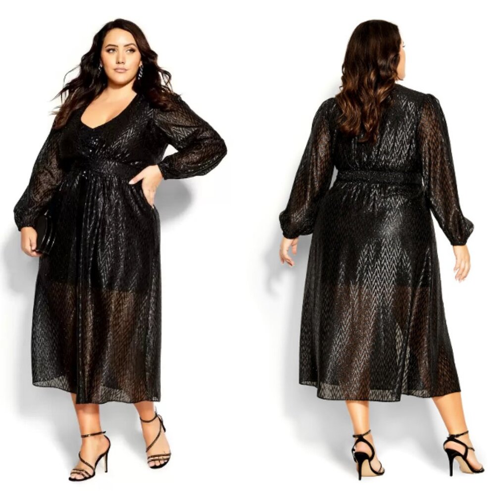 NWT CITY CHIC Chloe Jacket Maxi Metallic Sparkle Flared in Black Size XL/22